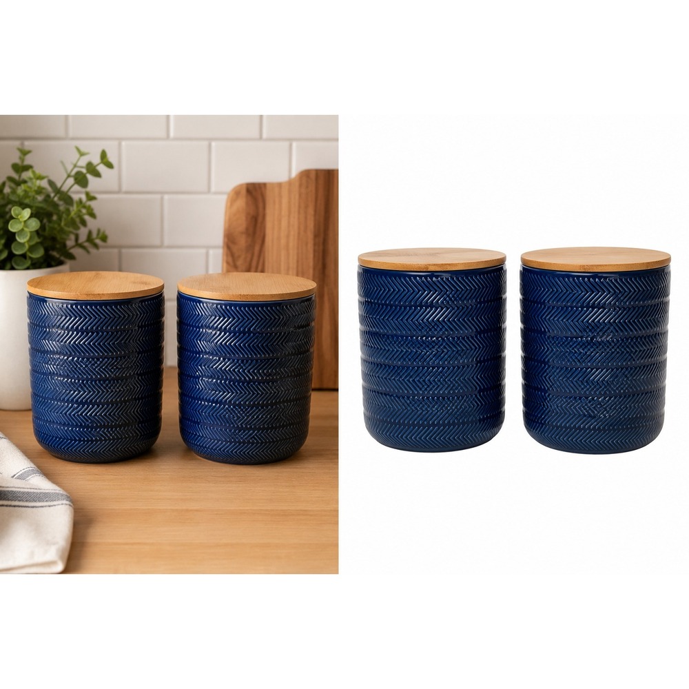 Set of 2 Blue Ceramic Storage Canisters w/ Bamboo Lids Chevron Kitchen Decor